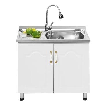 Imagem de TRGCJGH Armário de banheiro com pia, armário de armazenamento de banheiro branco com portas duplas combo de pia para banheiro pequeno (placa de drenagem esquerda)