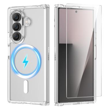 Imagem de Ruky Capa magnética para Z Fold 7, Galaxy Z Fold 7 compatível com MagSafe, capa protetora transparente fina à prova de choque com protetor de tela para Samsung Galaxy Z Fold 7, transparente