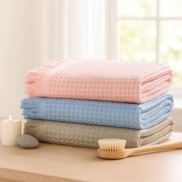 Imagem de SmoothNovelty Pacote com 3 toalhas de banho waffle, 100% algodão, toalha de waffle grande, de secagem rápida, macia, leve para banheiro, chuveiro, cobertor, spa, ioga, praia, piscina, viagem (rosa