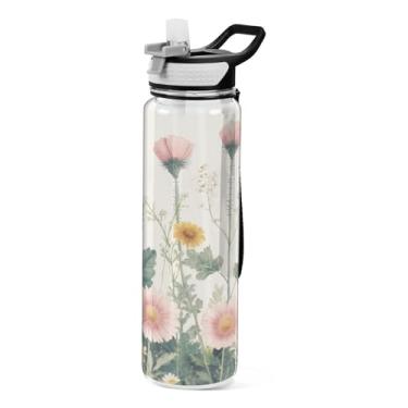 Imagem de ATTX Garrafa de água retrô Wildflowers, 946 ml, à prova de vazamento e livre de BPA, garrafas de água reutilizáveis de plástico Tritan para viagens, academia, corrida, fitness #312