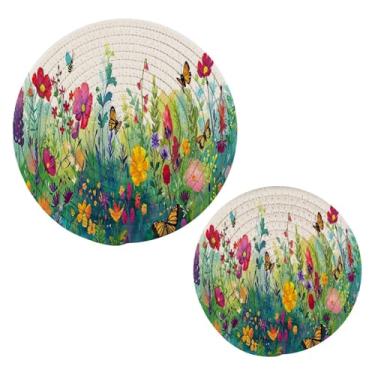 Imagem de Blueangle 2 peças de suporte de panela de flores silvestres em aquarela - conjunto de pegadores de panela de tecido redondo - almofadas quentes trançadas de algodão - porta-copos - tapetes de mesa