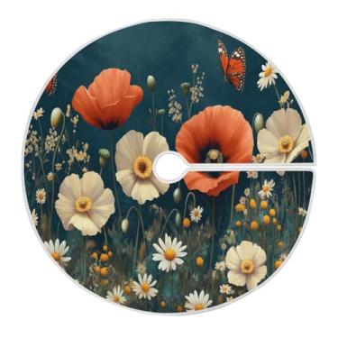 Imagem de Blueangle Saia de árvore de Natal floral vermelha de 120 cm - poliéster macio e resistente a rugas, decoração de férias para festas de Natal, árvore festiva e decoração de casa (221)