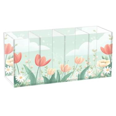 Imagem de SEHANY Porta-canetas de acrílico com flores silvestres coloridas, 4 compartimentos, porta-lápis transparente, organizador de pincéis de maquiagem, organizador de papelaria para escritório, casa