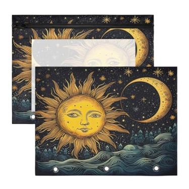 Imagem de Blueangle Bolsa para lápis de sol e lua para fichário de 3 anéis, 2 pacotes com bolsa de lápis com janela transparente para documentos com zíper para escritório (780)