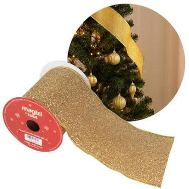 Imagem de Fita Aramada Decorativa Natal Tecido Premium Brilho Dourado Luxo 10cm 
