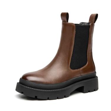 Imagem de BEAU TODAY Chelsea Botas femininas Chelsea de couro plataforma grossa botas femininas cano curto bico redondo vestido de inverno botas modernas, Marrom novo, 39