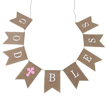 Imagem de Bandeiras suspensas de linho em formato de cauda elegante, bandeira de juta, decoração de festa premium para aniversário, casamento, chá de panela, feito de material ecológico (Deus abençoe cruz rosa)