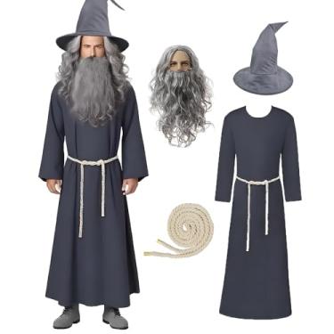 Imagem de Cosearlm Conjunto de fantasia de feiticeiro cinza para homens, 5 peças, com chapéu de feiticeiro de feltro, roupão, peruca cinza longa, barba e corda na cintura, Cinza, G