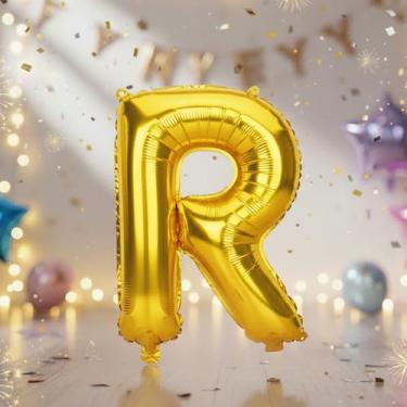Imagem de Balões grandes de letras douradas R de 81 cm, balões Mylar Rlphabet preenchidos com hélio para festas de aniversário e decorações de aniversário, suprimentos de decoração de festa de ouro grande