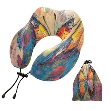 Imagem de CEBUGI Travesseiros de viagem portáteis em forma de U, travesseiro de pescoço de espuma viscoelástica com trava de corda ajustável para avião, viagem, trem, negócios, escritório, soneca (borboleta)