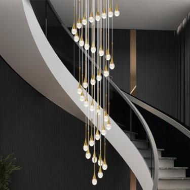 Imagem de Lustre pendente de cristal para escada com 381 cm (150") de comprimento, 36 lâmpadas, dourado e cristal, ideal para hall de entrada e pé direito alto, luminárias LED dimerizáveis.