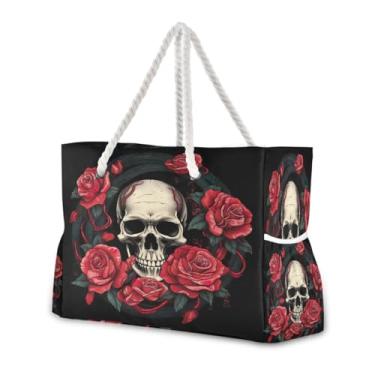 Imagem de Wassud Bolsa de praia feminina grande com caveira com rosas vermelhas, impermeável, à prova de areia, bolsa de viagem com zíper e bolso para piscina, academia, acampamento