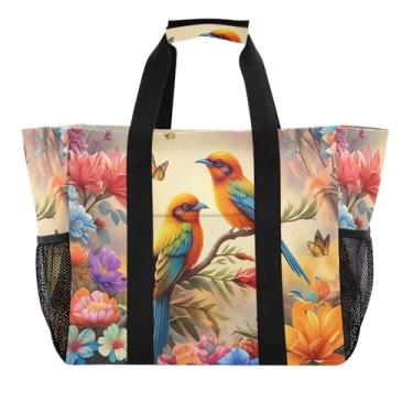 Imagem de Wassud Bolsa organizadora de lona impermeável com duas flores coloridas reutilizáveis para praia, piquenique, lavanderia, viagem