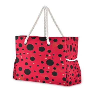 Imagem de Wassud Bolsa de praia grande com bolinhas vermelhas para mulheres, impermeável, à prova de areia, bolsa de viagem com zíper e bolso para piscina academia acampamento