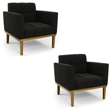 Imagem de Poltrona Base De Madeira Fixa Castanho Kit 2 Elisa Suede Preto D03 - D'rossi