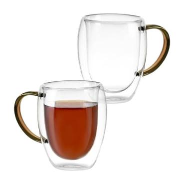 Imagem de Xícara em Vidro Borossilicato Parede Dupla, 350ml, Kit com 2 Unidades, 11,5 x 7,6 cm, Isolamento Térmico