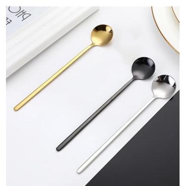 Imagem de Conjunto de 3 colheres de mexer de cabo longo, pequenas colheres de mistura para café, chá e bebidas, aço inoxidável com design moderno, pode ser lavado na lava-louças, dourado, prata, preto