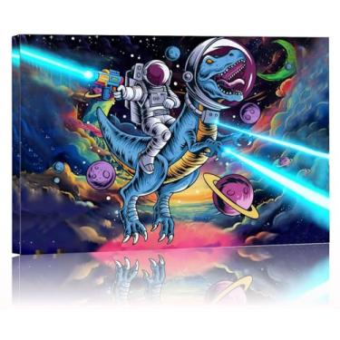 Imagem de Tela Dianosour espacial de 40,6 x 61 cm, arte de parede Star Wars, Astronauta T-Rax na galáxia, impressão emoldurada adolescente, cósmica, decoração de casa, pintura de quarto de crianças, imagem de