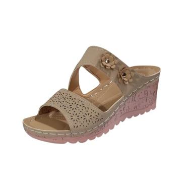 Imagem de Chinelos femininos de sola grossa, uma linha, design de flores, sandálias de praia com salto anabela, casual, verão, Bege, 36