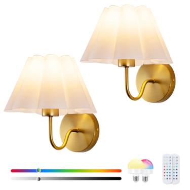 Imagem de EIDEARAY Conjunto de 2 arandelas de parede operadas por bateria, luminárias internas não conectadas de tecido branco, luzes de parede recarregáveis sem fio de 10 cores com controle remoto regulável