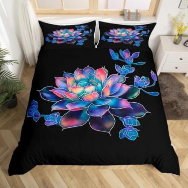 Imagem de Erosebridal Capa de edredom de lótus purplr king size decoração exótica estilo boho hippie capa de edredom aquarela flores conjunto de cama triplo, preto