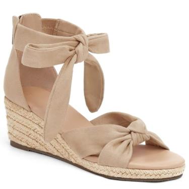 Imagem de LAICIGO Sandálias femininas de salto anabela, fecho de zíper nas costas, bico aberto, plataforma, tira no tornozelo, sapatos de verão com laço, Cinzento-acastan, 11