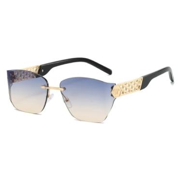 Imagem de HCHES Óculos de Sol Femininos de Luxo Sem Armação com Lentes Degradê, Estilo Retrô, Armação Metálica Vazada, Proteção UV400 (Dourado, Azul e Marrom)