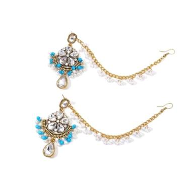 Imagem de Brincos de pingente de gota de cristal cintilante, imitação de pérola, com borla, pingente de gota de cristal, acessórios de cabelo para mulheres, noiva, joias vintage indianas tradicionais, 69x36