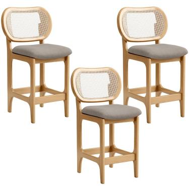 Imagem de Kit 3 Banquetas Baixa Bar Cozinha Sala de Jantar Betta L02 Mel Tela Linho Bege - Lyam Decor