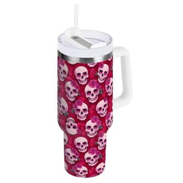 Imagem de ODAWA Copo grande à prova de vazamento, copos de aço inoxidável com isolamento rosa Skulls Roses com alça e canudo