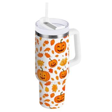 Imagem de ODAWA Copo com isolamento duplo de abóboras de Halloween de 1,134 g com alça e tampa de canudo