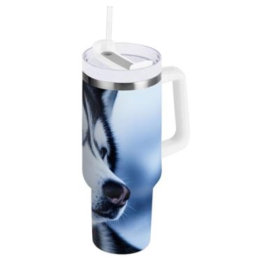 Imagem de ODAWA Copo de café grande para viagem com alça e tampa de palha, copo isolado de parede dupla Husky Dog