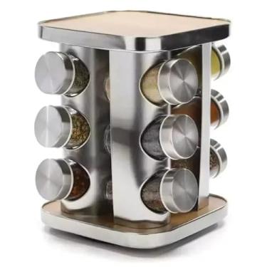Imagem de Porta Temperos Giratório em Aço Inoxidável, 12 Potes de Vidro com Base Quadrada, Design Moderno, Sistema Rotativo 360 Graus, Ideal para Cozinha