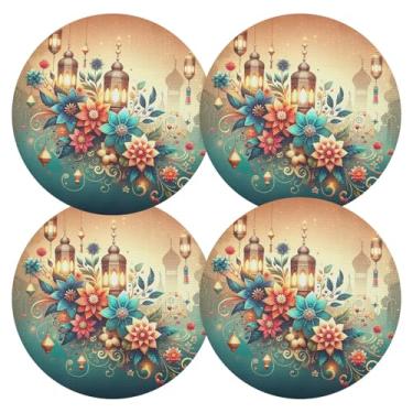 Imagem de Conjunto de 4 tapetes de jantar de PVC duráveis com flores coloridas lanternas, 38 cm, à prova de calor, para mesa de cozinha