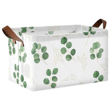 Imagem de Organizador de toalhas para armário para armazenamento de roupas, cestas grandes para prateleiras com alças, cestas para organizar 17 x 29 x 25 cm folhas verdes de eucalipto ramos dourados branco