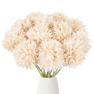 Imagem de IPOPU 12 peças, champanhe, bolas artificiais, crisântemos, flores de seda com hastes para buquê de casamento, festa, jardim, decoração ao ar livre (champanhe)