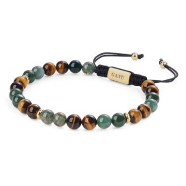 Imagem de GAVU Pulseira masculina de olho de tigre de grau AAA de 6 mm, feita à mão, com contas de cristal, 15,9 cm/17,1 cm/19 cm, 7.5", Pedra, Pedra olho de tigre e pedra de ágata de musgo