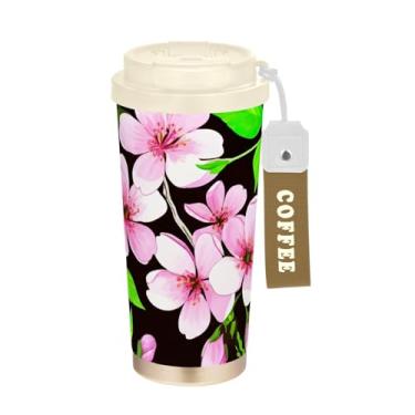 Imagem de TSENQUE Caneca de café de viagem de 473 ml com tampa de canudo e filp, copo de café de aço inoxidável à prova de vazamento para escritório, escola, festa, acampamento, flores de cerejeira rosa preto