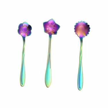 Imagem de Conjunto de colheres de café com pétalas de flor, 3 peças, alças longas, colheres de chá de sobremesa retrô para café, chá e mistura diária de bebidas