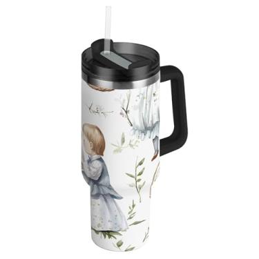 Imagem de Joisal Coelhos vintage ovos flores copos brancos com tampas e canudo garrafa de água de aço inoxidável isolado 1,134 g copo com alça à prova de vazamento carros copo de café bebida quente