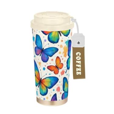Imagem de TSENQUE Caneca de café de viagem de 473 ml, copo de caneca de café com revestimento cerâmico com tampa e canudo, copo isolado a vácuo de aço inoxidável, borboletas gradientes coloridas em aquarela