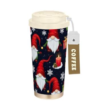 Imagem de TSENQUE Copo de café de viagem 473 ml com revestimento cerâmico, copo de café de aço inoxidável com canudo e tampa de filme, copo isolado a vácuo, gnomos de Natal vermelho