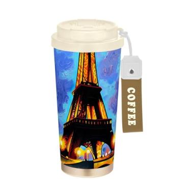 Imagem de Torre Eiffel com tinta a óleo colorida, caneca de café para viagem, 40 ml com canudo e tampa, canecas de café de parede dupla isoladas a vácuo com revestimento cerâmico para escola, escritório, festa