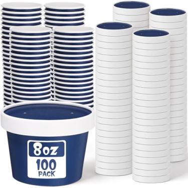 Imagem de Fulmoon Embalagem com 100 recipientes de sopa de papel com tampas, recipientes descartáveis para alimentos com tampas ventiladas, tigelas de sorvete, copos de sorvete, copos de sopa para restaurantes