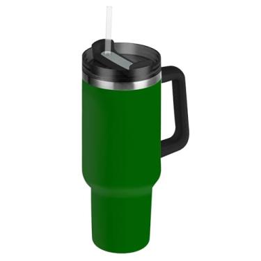 Imagem de Copos de aço inoxidável com tampas e canudo verde escuro caneca de café quente para viagem de carro copo à prova de vazamento com alça garrafa de água 1,134 g isolada