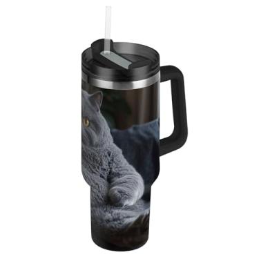 Imagem de Joisal Copos com tampas e canudo Chubby British Shorthair Gray 850.5 g Tumbler com alça grande garrafa de água copo de aço inoxidável isolado para quente e frio