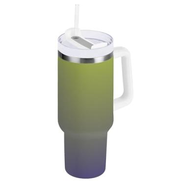 Imagem de Joisal Copos de aço inoxidável com tampas e canudos verde ardósia azul gradiente carros caneca de café bebida quente copo à prova de derramamento com alça garrafa de água isolada de 850 g