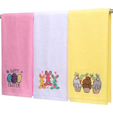 Imagem de HunnmingRe 3 peças de toalhas de mão de Páscoa para banheiro 35 cm x 73 cm toalha de banheiro cenoura de algodão conjunto de pratos decorativos para secar, limpar, cozinhar, conjunto de toalhas de