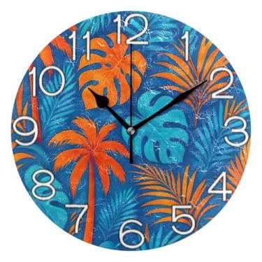 Imagem de GAIGEO Relógio de parede analógico decorativo redondo sem tique-taque silencioso relógio de cozinha rústico, sala de estar decoração de parede moderna palmeiras tropicais vibrantes, 25 cm, ponteiros