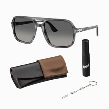 Imagem de Persol Óculos de sol em forma de piloto PO3328S com kit oficial de óculos, Armação cinza listrada | Lente escura gradiente cinza